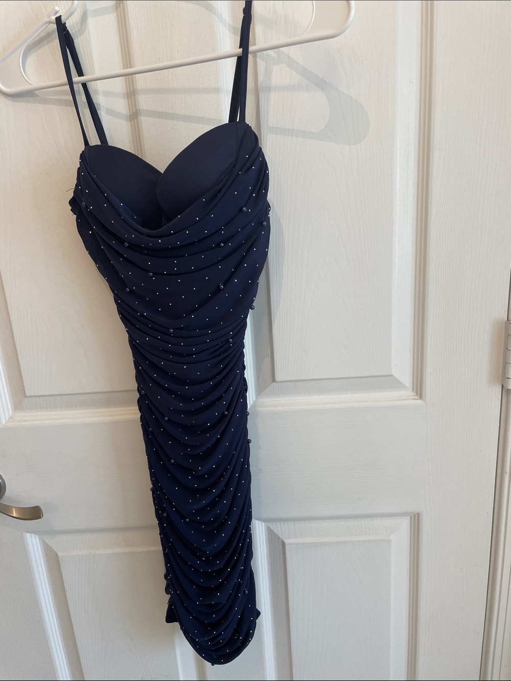 New with tag.Windsor Navy Ruched Spaghetti-Strap Mini Dress with Sparkle Accents